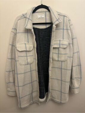 Z Supply Windowpane Plaid Knit Shacket Jacket Large Cream Blue Button Front
